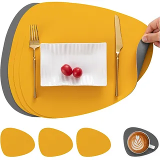 PFCTART Platzset Tischsets und Untersetzer aus Leder Grau-Gelb 4er-Set, (Rutschfeste Unterseite), abwaschbare runde doppelseitige gelb|grau