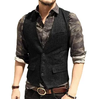 Neil Melody Herren Wolle Herringbone Tweed Lässig Weste Business Anzug Weste Slim-Fit - L