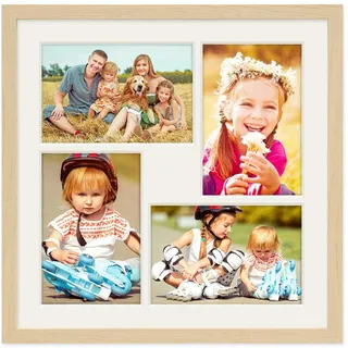 PHOTOLINI Bilderrahmen für 30x30 Holz Natur aus MDF, Fotorahmen quadratisch mit Passepartout für 4 Bilder, bruchsicheres Acrylglas, 30 x 30 zum Aufhängen, Zubehör - Rahmen 30x30 für Fotos & Poster