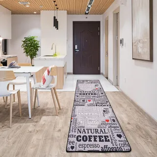 miqna Teppich Moderner Küchenteppich Gel Läufer Küchenläufer Grau Weiß Schwarz mit rutschfestem Bodenmuster mit Schriftzug Coffee Macchiato (grau, 60 x 140)