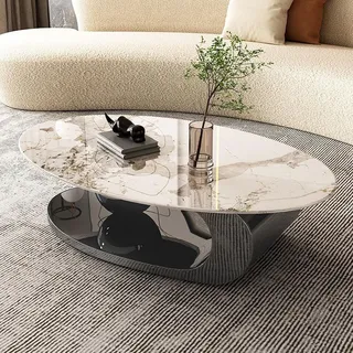 Ovaler Couchtisch, einzigartige Couchtische, Couchtisch mit Marmorplatte und Metallstahlrahmen, stabil und einfach zusammenzubauen, für Wohnzimmer, Büro, Heimdekoration (B 130 x 70 cm)