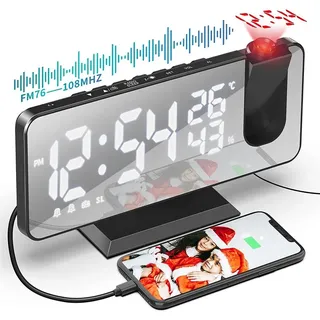 Wecker mit Radio,180°Projektionswecker,mit USB-Anschluss, 7,5-Zoll Radiowecker