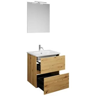burgbad Rocio Set aus Spiegel mit LED-Leuchte, Waschtisch und Waschtischunterschrank, Breite 600mm, SGYP060F6224C0001, Farbe: Eiche Dekor Urban