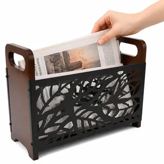 BADCRIS Zeitungsständer Holz Zeitschriftenhalter Schwarz Braun 33x23.5x13cm | Magazinständer aus Metall & Holz, Platzsparender Zeitungshalter Organizer für Bücher, Briefe & Dokumente in Büro & Wohnzimmer