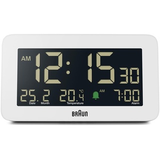 Braun Digitaler Wecker mit Datums-, Monats- und Temperaturanzeige, negativem LCD-Display, Schnelleinstellung und anschwellendem Alarm-Piepton in Weiß, Modell BC10W.