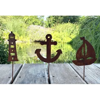 LB H&F Lilienburg Teichfigur 3er SET Maritime Deko maritim Dekoration Stecker Rost Leuchtturm, (Gartenteich wetterfest Roststecker Figur Metallstecker Geschenk Gartenliebhaber Gartenstecker Beetstecker Miniteich, rostig rostige Gartendeko Edelrost Dekofigur Gartenfigur Teichdeko), Anker Schiff Boot Segelboot Metalldeko Teichfigur Teichstecker braun