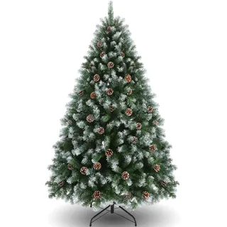 Himimi Künstlicher Weihnachtsbaum mit Schnee 180cm(Ø ca. 110 cm) 998 Tips,Geschmückter Weihnachtsbaum mit Tannenzapfen,Schnellmontagesystem, Flammenhemmend, Klappbarer Ständer Weiß