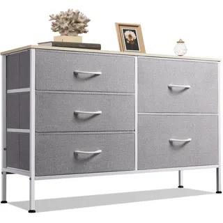 WLIVE Kommode mit Schubladen, komode Schlafzimmer mit 5 Stoffschubladen | Kommoden & Sideboards mit Stabiler Stahlrahmen, TV-Möbel mit Holzplatte, Einfach zu Montieren, Hellgrau