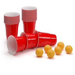 BeerCup-Classics 100 Wiederverwendbare Rote Becher, Red Party Beer Pong Cups 16 oz. 473 ml rot inkl. 6 Beer Pong Bälle und Beer Pong Regelwerk