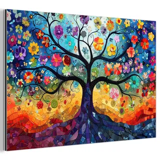 METALLBILD Kunst - Baum des Lebens - Blumen - Hippie Wanddeko 90x60 cm
