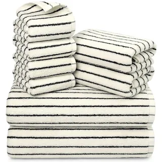 Jacquotha Handtuch-Set, 8-teilig, superweiche und saugfähige Baumwolle, gestreift, für Badezimmerdekoration, 2 Badewannen, 2 Hände, 4 Waschlappen, Schwarz und Weiß