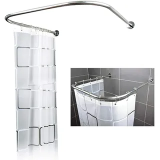 Duschvorhangstange Verstellbare U Form mit Duschvorhang, Duschvorhangschiene Ecke ohne Deckenhalterung, 20KG Gut belastbar Duschvorhang für Badewanne, Dusche, Leicht zu installieren
