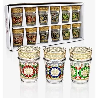 Saharashop 12er Set Teegläser 2 Modelle Najma Bunt Multi und Gold, Cay, Atay Gläser Marokko, Orientalische Teegläser Goldverzierung (12 Teegläser Set Multi Najma)
