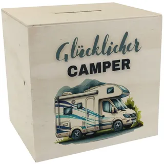 Wohnmobil Spardose aus Holz mit Spruch Glücklicher Camper Wohnwagen Anhänger Mobiles Heim für Camping Ideale Unterkunft Unterwegs