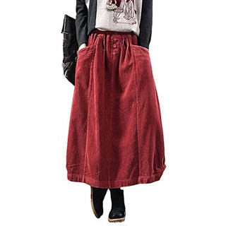 ZWY A-Linien-Rock Herbst Winter Cord Rock Frauen Vintage Midi Lange Röcke Weibliche rot