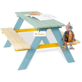 PINOLINO Nicki 4er Kindersitzgruppe aus Massivholz I Bunter Kinder Picknicktisch für Garten & Outdoor I Spieltisch mit abgerundeten Kanten I Robuste Sitzgruppe für 4 Kinder I 90 x 79 x 50 cm