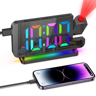 OQIMAX Projektionswecker, 7" LED RGB Wecker Digital mit 10 Farben Nachtlicht, Projektionsuhr, Digital Wecker mit Projektion 180°, 6-Level-Dimmer, Snooze, 12/24H, USB-Ladegerät für Schlafzimmer
