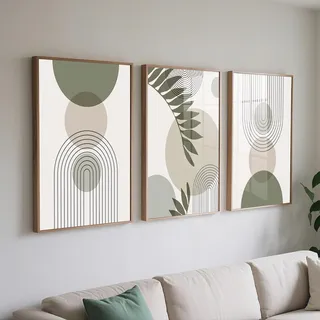 PWAAHDC Moderne Bilder Wohnzimmer 3er Set 50x70 Hochformat Ohne Rahmen – Boho Abstrakte Grüne Pflanzen Poster, Wandbilder für Schlafzimmer