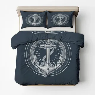 Bettwäsche 135x200 Nautisch Ankers Wende Motiv 2tlg, Schlafzimmer Deko, Maritim Ozean Meer Küste Marineblau Bettbezug und 1 Kissenbezug 80x80, Weiche Mikrofaser Deckenbezug mit Reißverschluss -d282