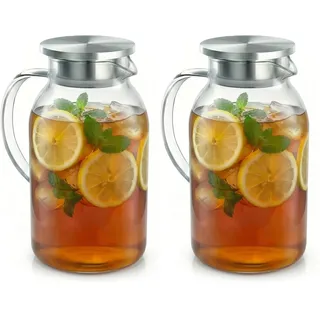 Arendo - 2.3L Glaskaraffe mit Deckel aus Edelstahl – Karaffe aus Glas - hitzebeständig bis +150°C – 2 Liter – Wasserkaraffe Hitze- und kältebeständig (Packung mit 2)