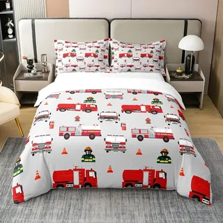 Loussiesd Kinder Feuerwehrmann Bettbezug Set Jungen Feuerwehr Feuerwehrmann Bettwäsche Set 155x220cm 100% Baumwolle Rotes Feuerwehrauto Fahrzeug Muster Betten Set für Kinder Schlafzimmer Dekor