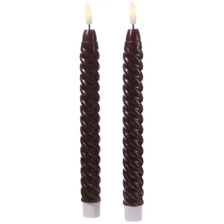 LED Stabkerzen TWIST Echtwachsskerzen Dinnerkerzen Tafelkerzen in Spiralform flackernde 3D Flamme - H: 25cm - Timer - 2er Set Tischkerzen in Spiralform (Weinrot)