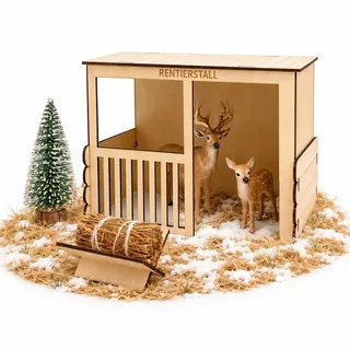 Wichtel Rentier Stall Holz Miniatur - 6tlg Wichtel Zubehör Weihnachten Set | Holz 17,6x10cm Rentierstall Wichtel Set Weihnachten Komplett mit Figuren & Heuraufe als Wichtelzubehör, Wichteltür
