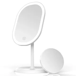 Aidodo Schminkspiegel, Tischspiegel Rasierspiegel Schminkspiegel Beleuchtet mit Dimmbarer Helligkeit LED Licht, Mit 10X Vergrößern Spiegel, 180° Faltbarer Tischspiegel, Freund