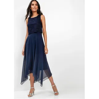 bonprix Premium Chiffonkleid mit Spitze, blau, Gr.42, Elegantes Abendkleid mit Spitzenoberteil und Zipfelrock