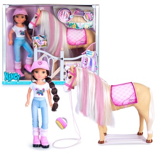 Nancy - Eines Tages mit ihrem Pferd, Fashion Puppe und Pferd, Pflegezubehör, Bürste-Schwamm Ändern der Haarfarbe Mähne, Jungen und Mädchen ab 3 Jahren, Berühmt (NAC49000)