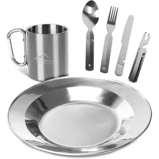 normani Geschirr-Set Camping-Geschirrset 7-Teilig (4-tlg), 1 Personen, Edelstahl, Outdoor Kochgeschirr Ess-Geshirrset Campingheschirr silberfarben