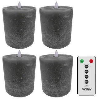 Sompex LED Kerzen mit Timerfunktion und flackernder Flamme, grau ⌀ 10cm, Höhe 10,5cm, Adventskranz 4er Sets, Weihnachtsdeko, LED Deko, Stumpenkerzen (4er Set mit Fernbedienung)