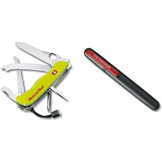 Victorinox Taschenmesser Rescue Tool (15 Funktionen, Frontscheibensäge) gelb Nachtleuchtend & Dual-Messerschärfer, Tragbar, Schleifstein für Grobschliff, Keramikplättchen für Feinschliff