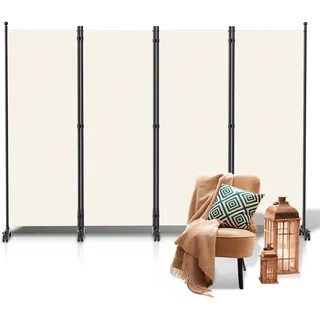 Fiqops Paravent Outdoor,Raumteiler auf Rollen 4-teilig 228x181 cm, Wetterfester Paravent für Outdoor & Büro - Beige