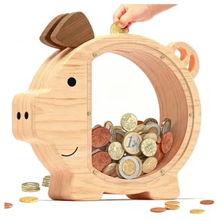 AFKSMILE Spardose Spardose aus Holz, Personalisierte Süße Sparschwein mit Sichtfenster, Münzbank für Jungs & Mädchen, Geburtstag, Ostern & Kinderzimmer Deko