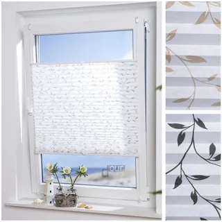 ourdeco® Plissee Filigran / 75 x 130 cm (Breite x Höhe) / Stoff: weiß; Muster: beige/lichtdurchlässig, gedrucktes Motiv Blätter