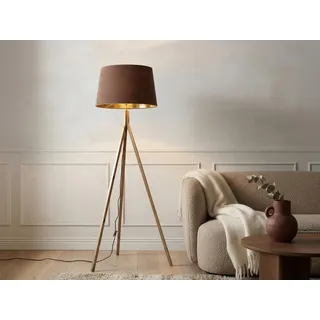 meineWunschleuchte Steh-Lampe Dreibein aus Holz mit Schirm Braun-Gold | Höhe 157cm, E27, mit Fußschalter, gemütliche Wohnzimmerlampe, skandinavisches Design, Lampenschirm aus Samt