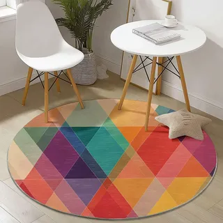 Teppich für das Wohnzimmer 120 cm- rutschfest Waschbar Rund Teppich mit Geometrisch Retro Dreiecke Design, Geeignet für Flur Esszimmer Schlafzimmer und Küche - Bunt