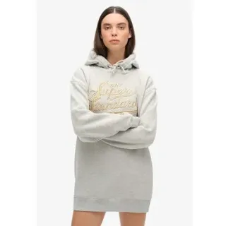 Superdry für Damen. W8011756A Graues Kapuzenkleid von Luxe mit metallischem Luxe-Logo (L/XL), Lässig, Baumwolle, Langarm
