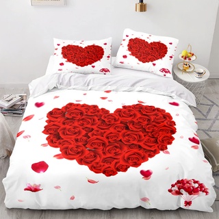 JLCZBT Bettwäsche Rote Rose Bettwäsche 135x200cm Romantische Blume Bettbezug Rote Rose Blumen Muster Bettwäsche Set mit Kissenbezüge (A3,135 x 200 cm)