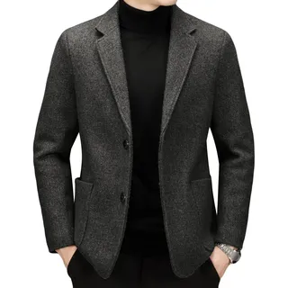 Lässiger Anzug Blazer aus Wollmischung für Herren Business Jacke mit Zwei Knöpfen aus Tweed mit Fischgrätenmuster Fester, Leichter Hochzeits Sportmantel (Grau,M)
