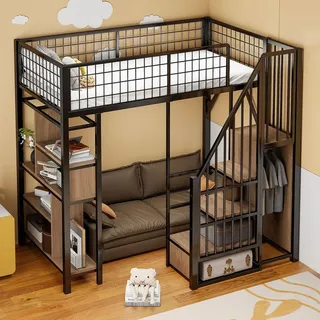 Sweiko Multifunktionales Hochbett 90 x 200 cm, Metallbett mit Stauraum, Ablageflächen und Treppe, Erwachsenenbett und Kinderbett, Schwarz - Schwarz/Weiß