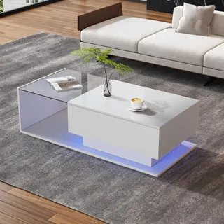 Merax Couchtisch Weiß Hochglanz mit LED, Moderner Wohnzimmertisch mit Stauraum Schubladen, Glasplatte, Beistelltisch, rechteckiger Mitteltisch, Sofatisch, Kaffeetisch, Wohnzimmermöbel, 100x50x32cm