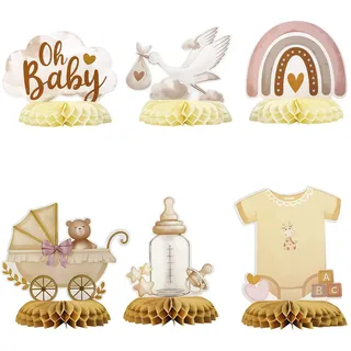 ALLY-MAGIC Babyparty Deko, Babyparty, 6 Stück Welcome Home Baby, mit Storch Geburt Motiv Bienenwaben Mittelstück Tischdekoration für Babyshowerparty und Babyparty E23-YEXLZS6