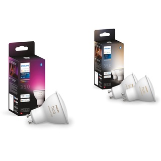 Philips Hue White & Color Ambiance GU10 Lampe Einzelpack 350lm & White Ambiance GU10 Lampe Doppelpack 2x350lm, dimmbar, alle Weißschattierungen, steuerbar via App, kompatibel mit Amazon Alexa