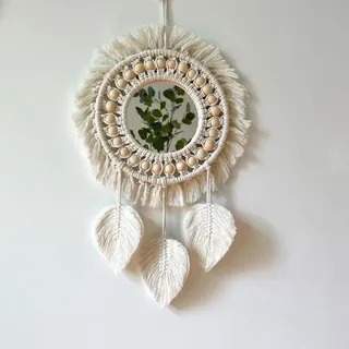 Beigefarbener Boho-wandspiegel Mit Makramee-fransen Und Federanhänger Aus Holzperlen, Runder Kunst-wandspiegel Für Schlafzimmer Und Flur