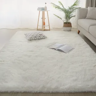Jyswx Shaggy Hochflor Teppich - Flauschig, rutschfest, Waschbar - Grand Moderner Teppich für Wohnzimmer/Schlafzimmer, Kunstfell Imitat, Farbe: Weiß, Größen: 140 x 160cm