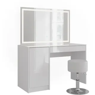 Vicco Schminktisch, Sherry, Weiß/weiß Hochglanz, 119.8 cm, mit LED-Spiegel und Hocker Vicco