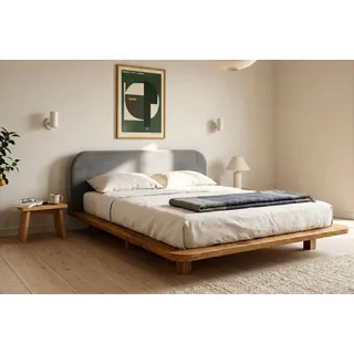 Eyko Holzbett Bora (Eichenbett Futonbett mit Schwebeeffekt), mit gepolstertem Kopfteil, 200/200, Eiche - lackiert, Naturfarbe grau 226 cm x 220 cm x 83 cm
