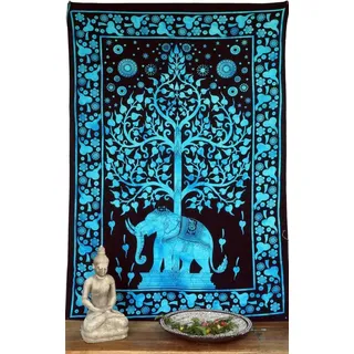 Wandbehang im Boho-Stil, Indische Tagesdecke - Baum des Lebens Elefant/Türkis, 190x140 cm